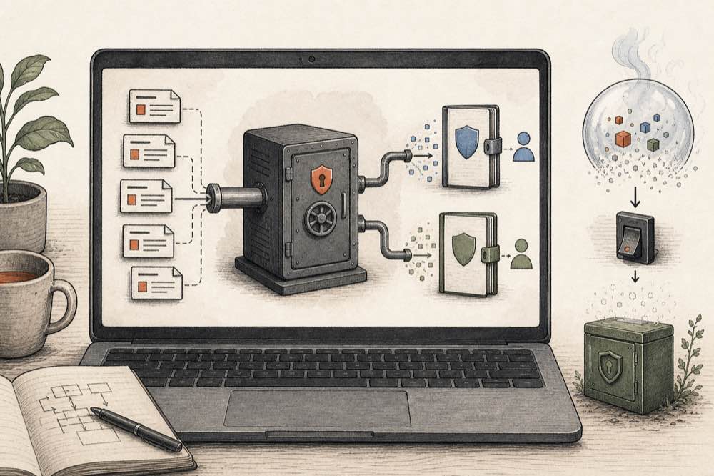 An agent sends secret requests to a local service while a separate identity owns the audit ledger