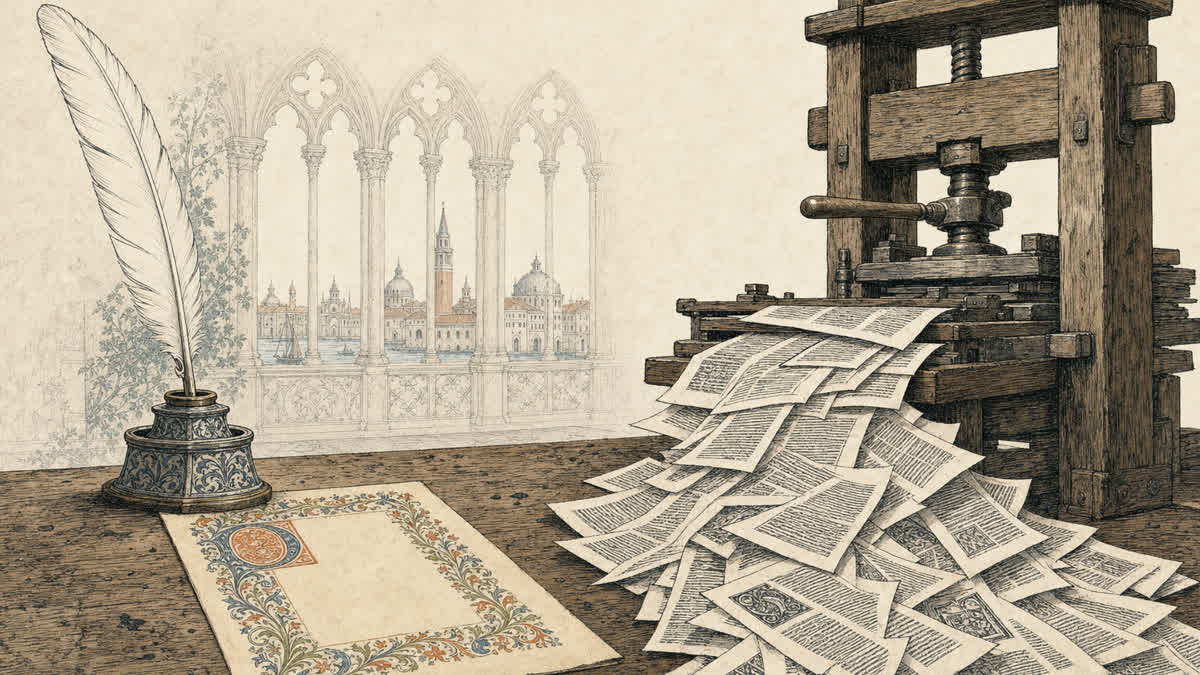 A European quill and an early wooden printing press face each other across a table as printed pamphlets spill into a Venetian scriptorium