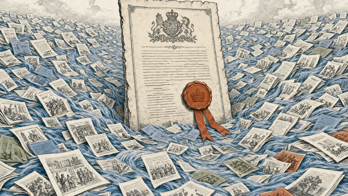A royal decree bearing a red wax seal stands like a rock in a river while a flood of European printed pamphlets streams around it