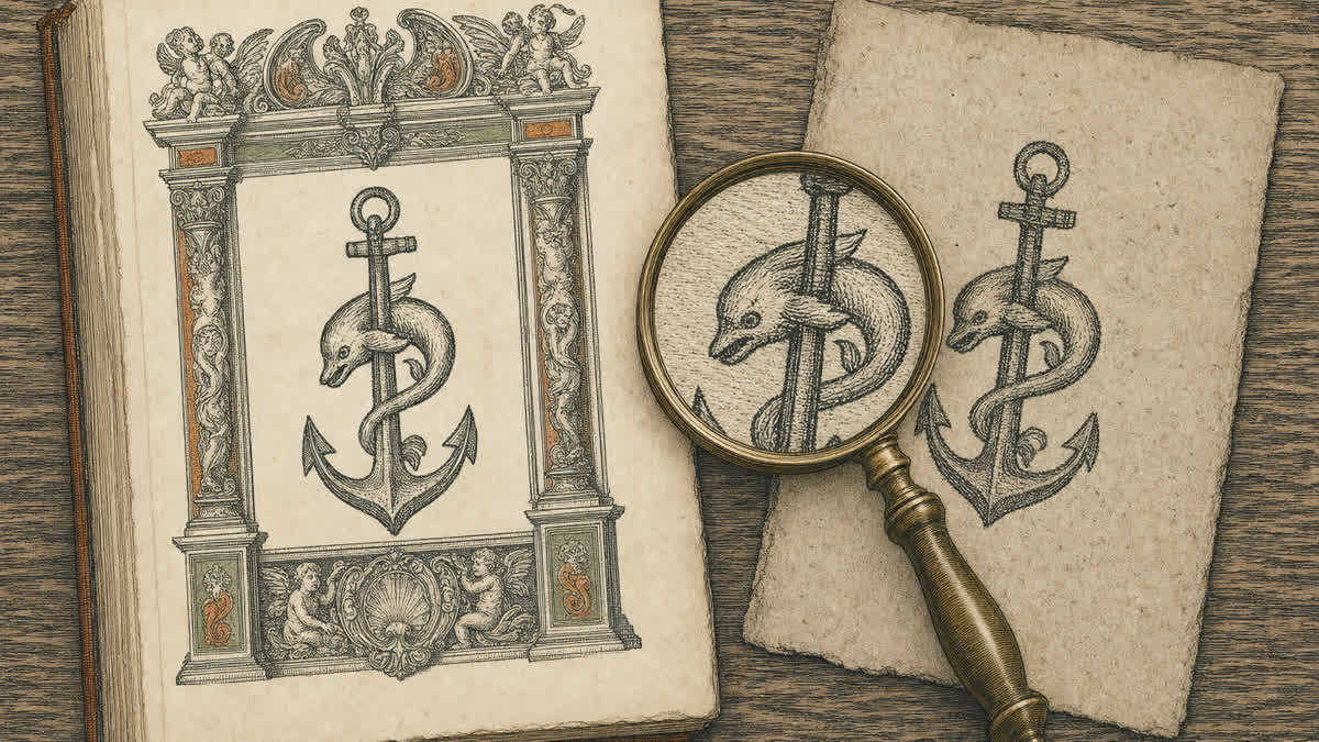 An authentic title page bearing a dolphin-and-anchor printer’s device lies beside a crude European counterfeit, with a magnifying glass between them