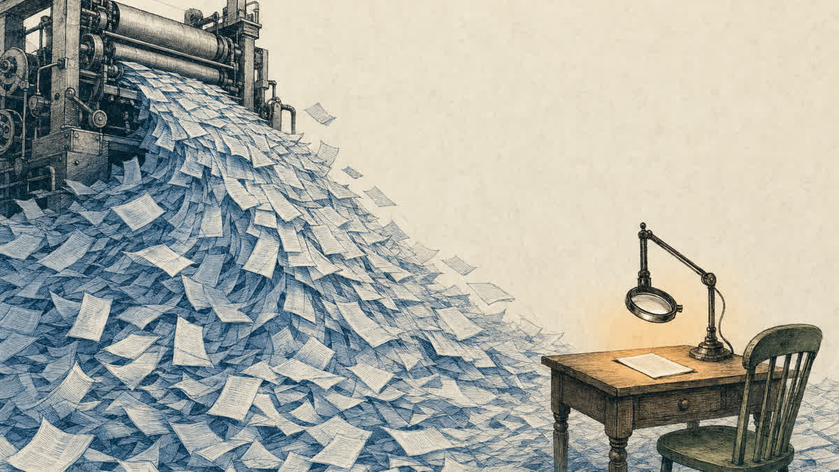 A wooden European printing press pours out a flood of pages beside a single reading desk, where one sheet waits under a magnifying glass and a warm lamp