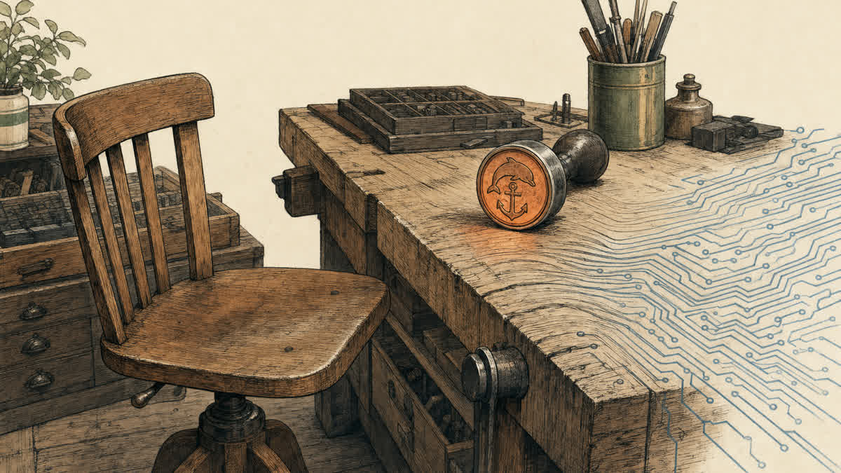 An empty chair in a European printing workshop sits beside a hand-printed dolphin-and-anchor device as the grain of the wooden bench turns into circuit traces