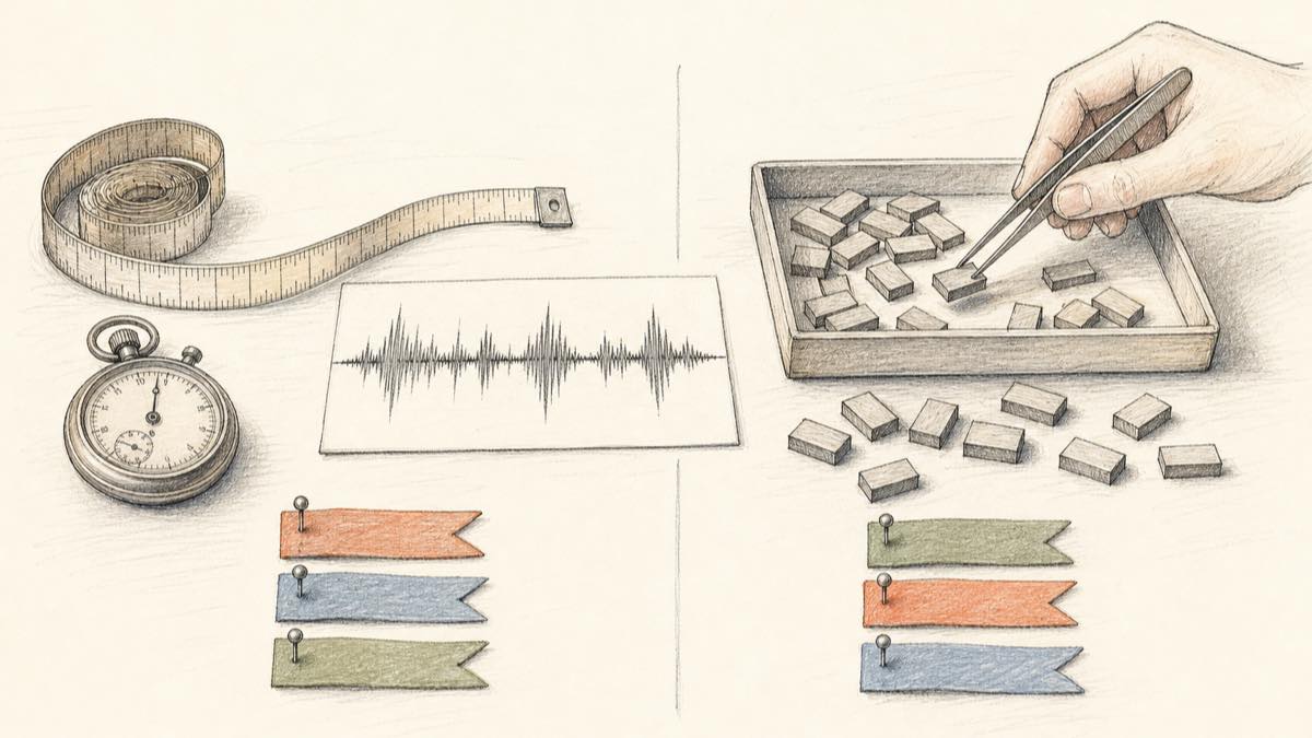 One waveform card measured on the left by a tape measure and stopwatch and on the right by word tiles sorted with tweezers, with three ranking ribbons pinned below each in a different order