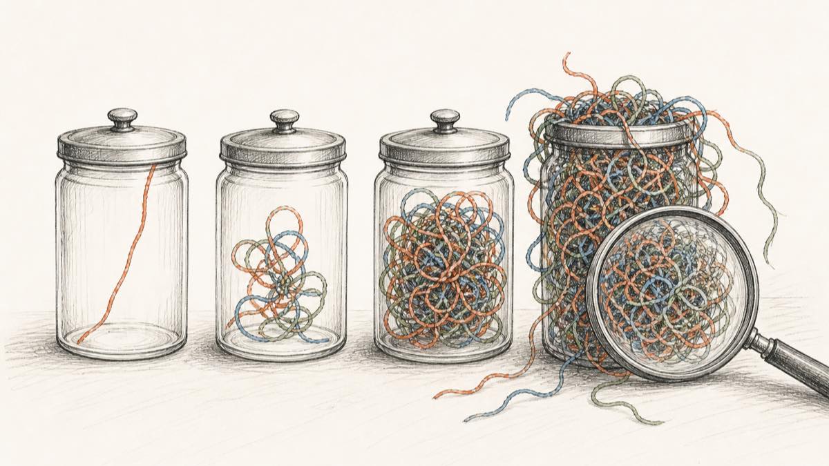 Four glass jars holding progressively more tangled coloured thread, the last overflowing, with a magnifying glass showing the tangle is no clearer up close