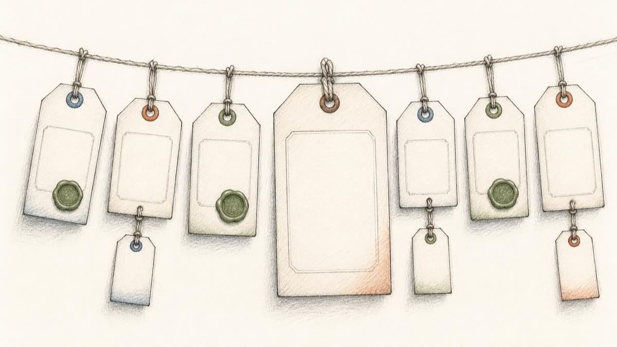 A row of hanging price tags, some carrying an added orange surcharge sticker and others with the same feature already printed in, illustrating bundled versus add-on pricing