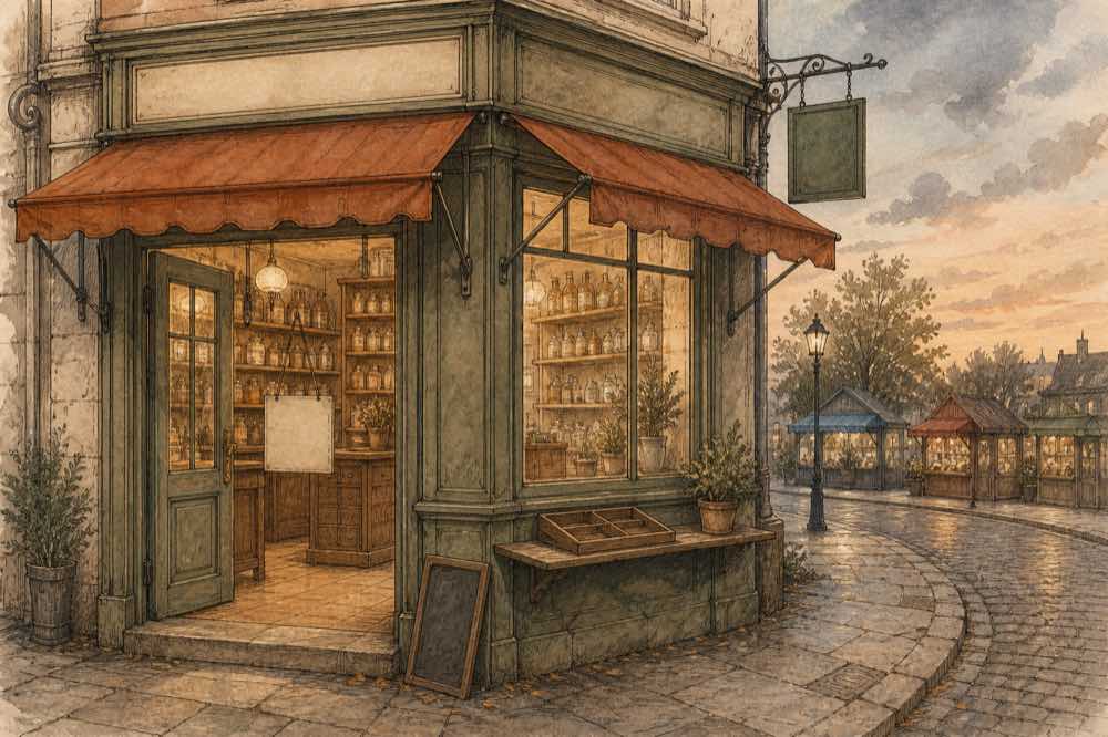 A well-kept corner shop still open and lit at dusk, its free-sample tray empty and its chalkboard sign taken down
