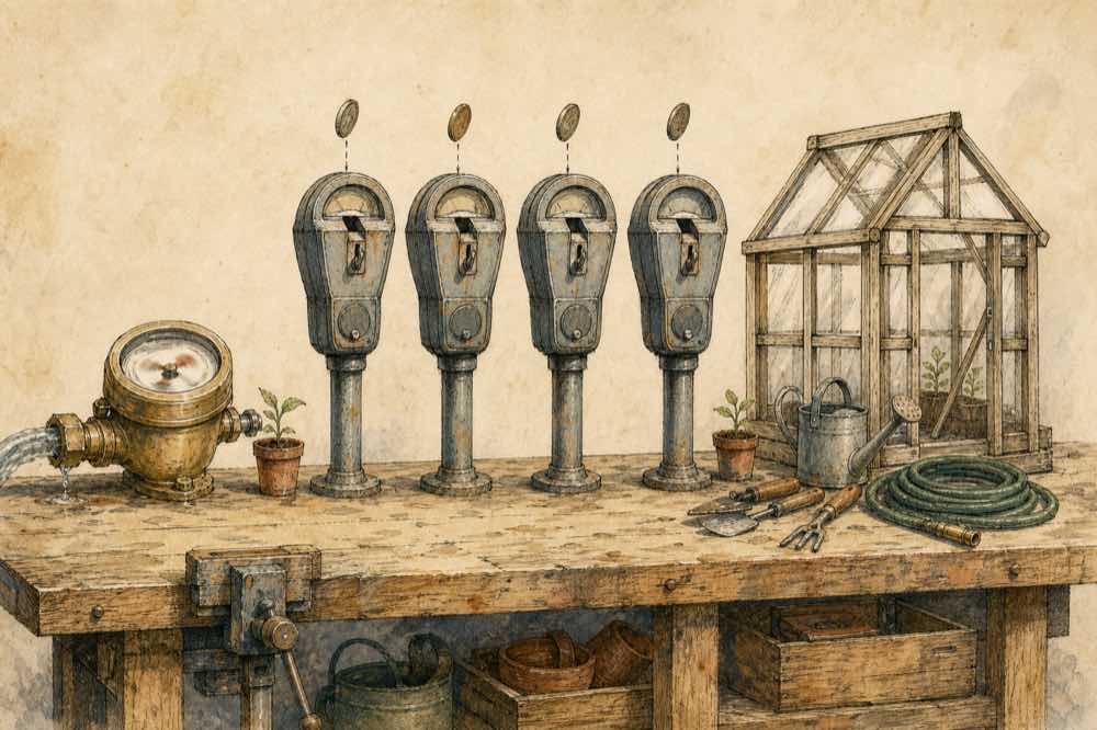 Three billing mechanisms on one workbench: a trickling brass usage meter, a row of coin-slot meters, and a self-built greenhouse frame with hand tools