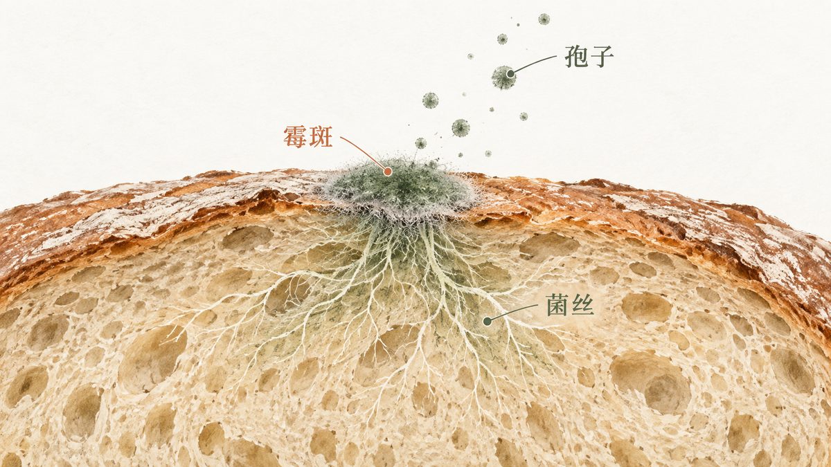 概念示意：食物表面的一小片霉斑，下方连着分枝菌丝，上方有用于传播的孢子；并非按比例绘制