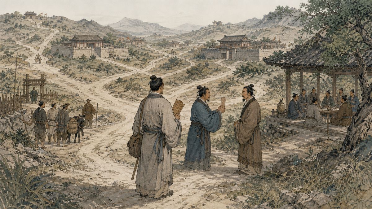 战国游士持简牍站在通往多座王廷的岔路,靠引见者与赞助网络接近雇主
