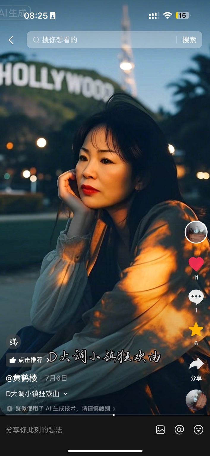 抖音账号“黄鹤楼”在 2026 年 7 月 6 日发布的《D大调小镇狂欢曲》视频截图：画面带有“AI 生成”角标和“疑似使用了 AI 生成技术”的提示，截图时只有 11 个赞