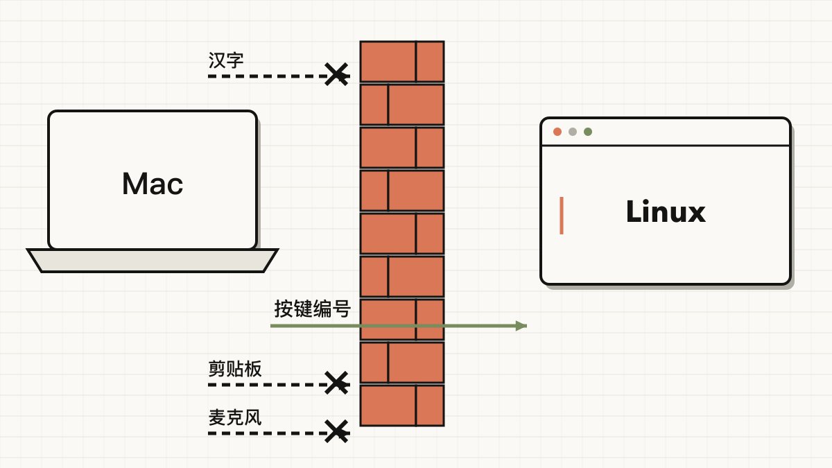 Mac 和 Linux 虚拟机之间隔着一道墙，按键编号能穿过墙，汉字、剪贴板和麦克风声音被挡在墙外