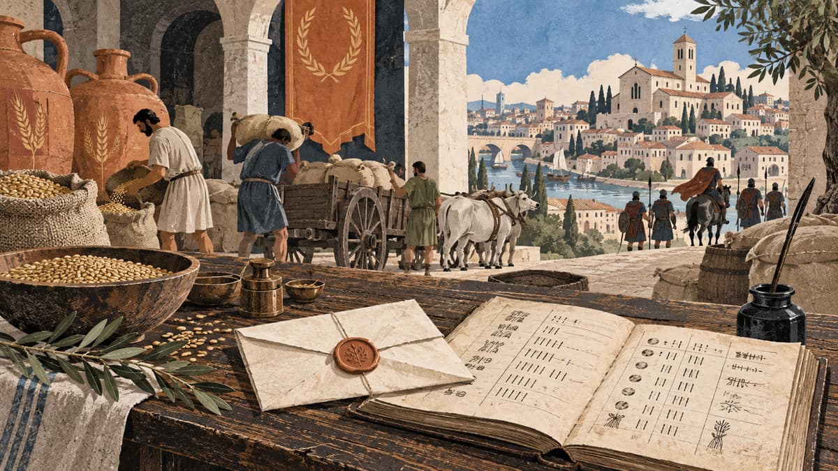 Letters, accounts, grain stores, and an armed escort in an imagined city illustrate the material work behind papal administration.