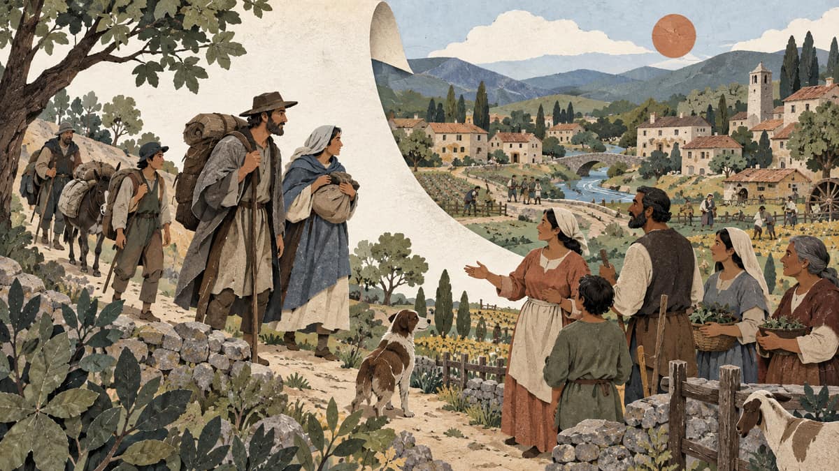 Travelers carrying belongings meet residents beside established homes and cultivated fields in an imagined inhabited valley.