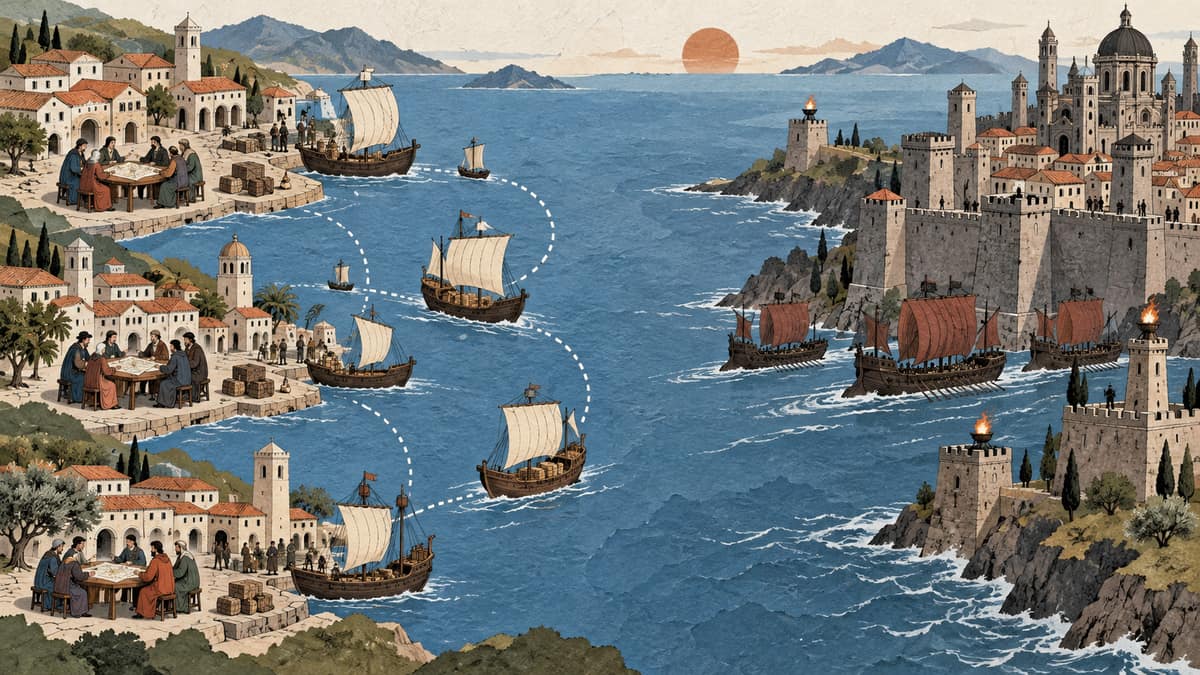 Three merchant harbors with separate councils face a fortified maritime capital in a conceptual comparison of Hanseatic cooperation and Venetian rule.